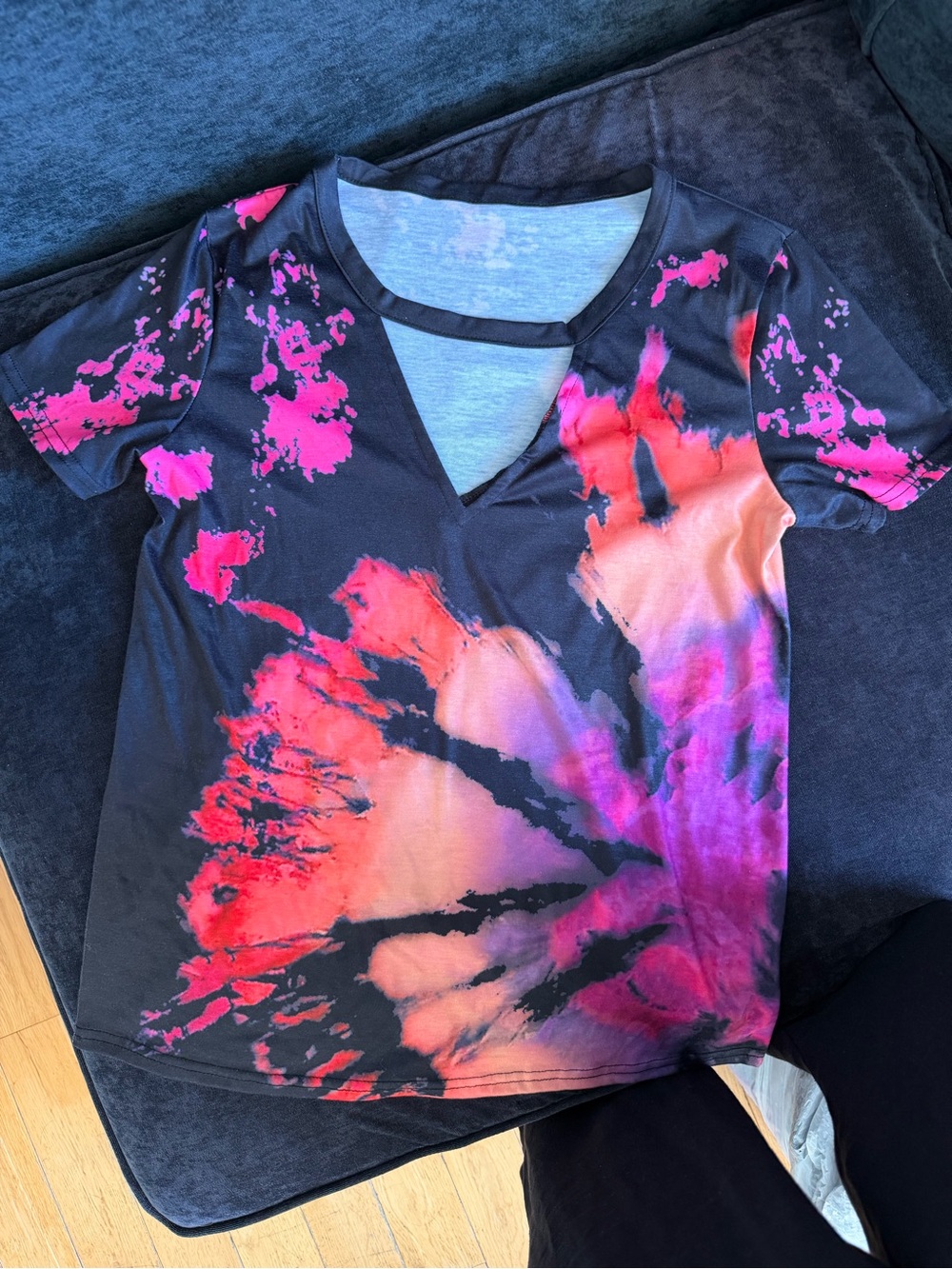 Women's Black Tie-Dye V-Neck Top with Pink and Orange Accents